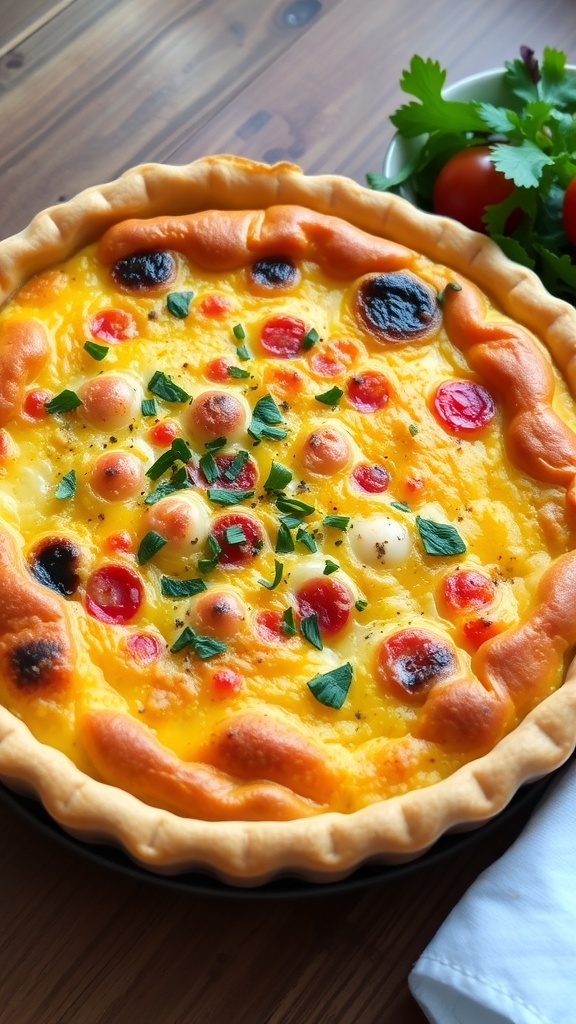 Classic 18cm Quiche Recipe A golden-brown quiche in an 18cm pie dish, filled with cheese and vegetables, garnished with herbs on a wooden table.